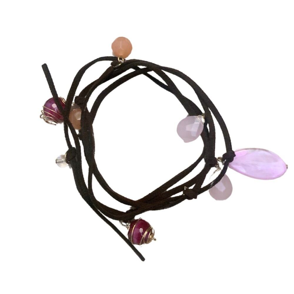 2/$30 Adjustable Leather Wrap Bracelet Necklace Brown Pink Charms Boho Festival